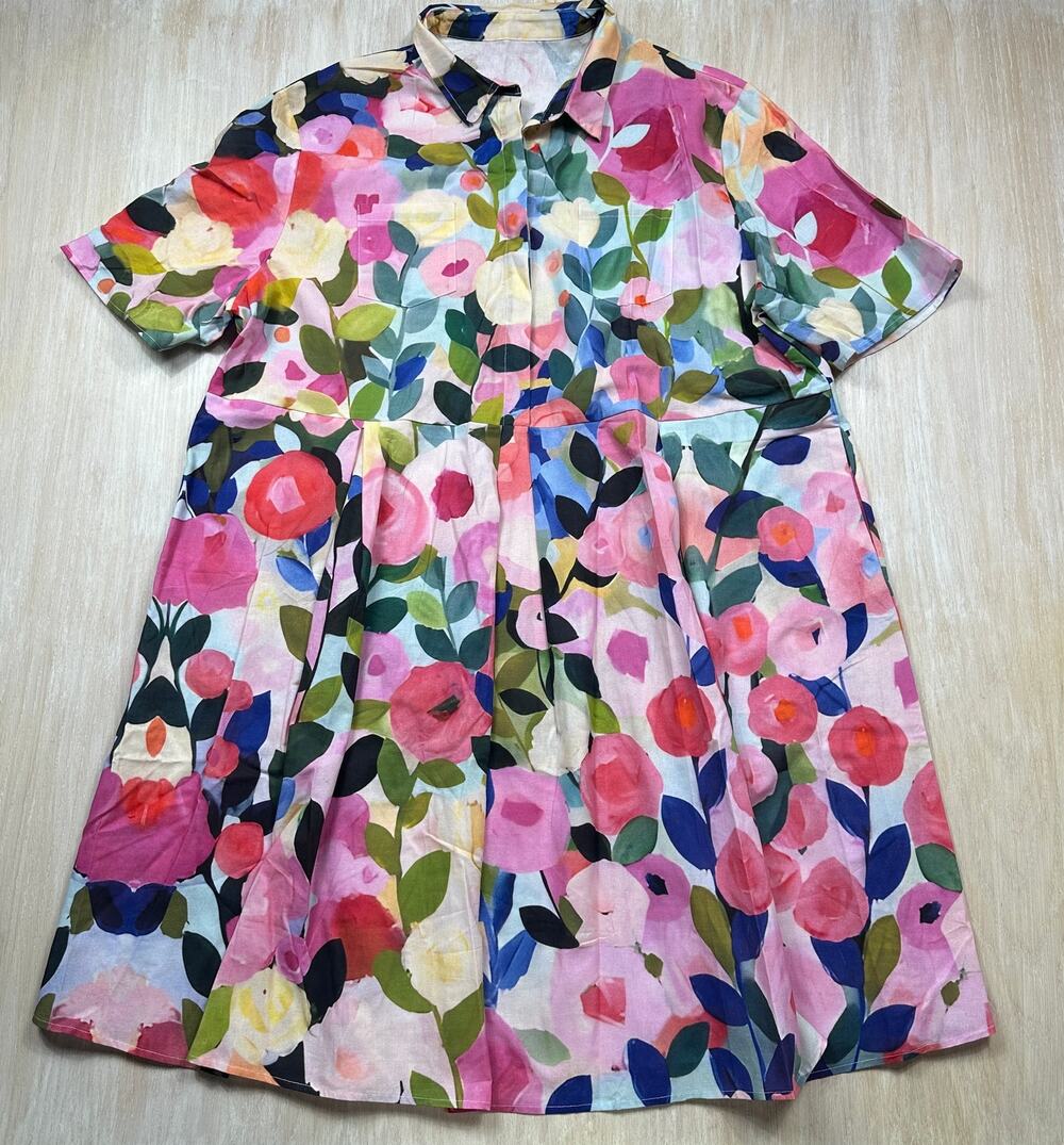 Watercolor Floral Garden Party Cottagecore Pleated Fit Flare Midi Dress 2XL